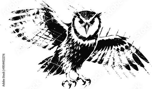 black and white owl silhouette with open wings flying bird illustration wildlife nature design