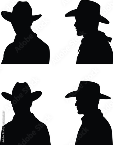 Collection of four black silhouette vector illustrations of cowboys wearing cowboy hats and bandanas isolated on white