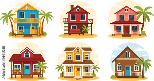 Tropical beach houses with palm trees colorful vector illustration collection
