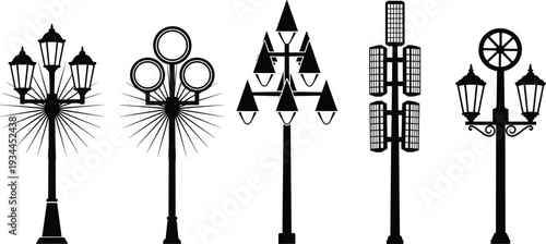Collection of black silhouette street lamps and light poles on white background lamppost black and white