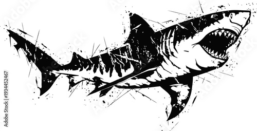 Great white shark illustration with aggressive open mouth, ocean predator, sea wildlife design