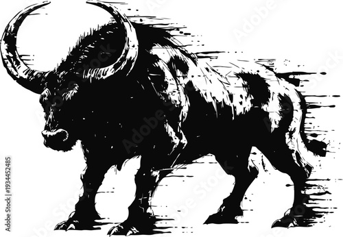 Black buffalo silhouette with strong horns powerful animal standing with dynamic brush stroke effect