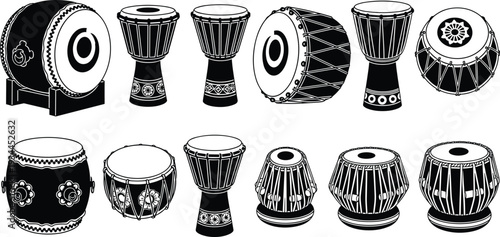 Traditional Indian drum instruments collection in black and white detailed vector illustration set isolated on background