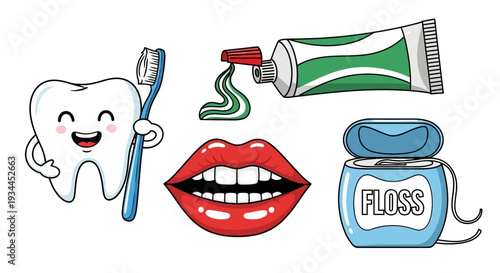 Colorful cartoon toothbrush, toothpaste, and dental care items
