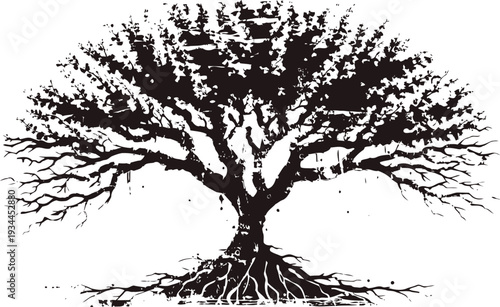 large leafless tree with sprawling branches and visible roots silhouette illustration