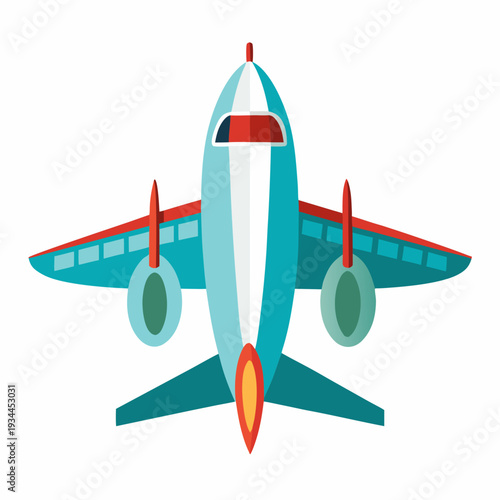 Vibrant airplane soaring through clear blue skies with red accents