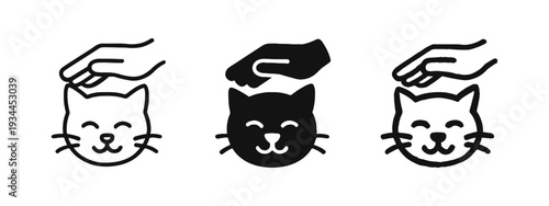 Hand Petting Cat Head Icons. Animal Affection Symbols in Outline, Solid, and Doodle Styles.