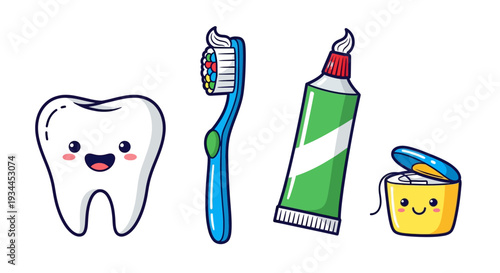 Colorful cartoon toothbrush, toothpaste, dental floss, and smiling tooth