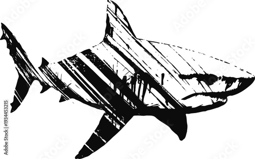 Stylized black and white shark silhouette with textured striped pattern design