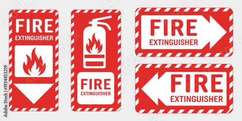 Fire Extinguisher Sign Set, Firefighting Tools, Flame Safety Symbols, Logo, Badge, Icon, Sticker, Label, Banner, Arrow, Red Circle, Line, Flat Vector Illustration
