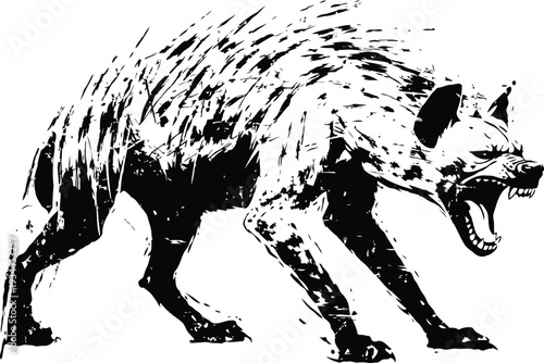 Angry snarling hyena standing and roaring with raised fur and aggressive posture