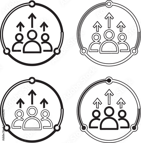 Four oval icons illustrating teamwork and growth concepts with arrows