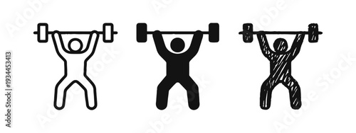 Weightlifter Lifting Barbell Icons. Strength Training Symbols in Outline, Solid, and Doodle Styles.
