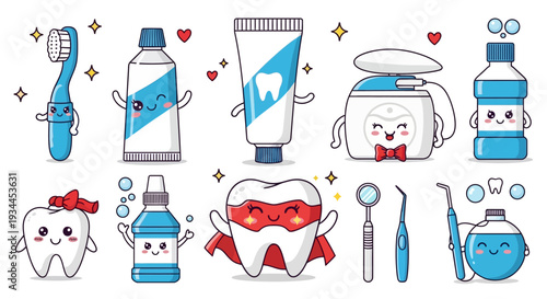 Cute cartoon dental care products and tools for healthy smiles
