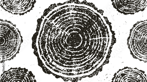 Tree ring cross section pattern detailed wood texture with growth rings in black and white design