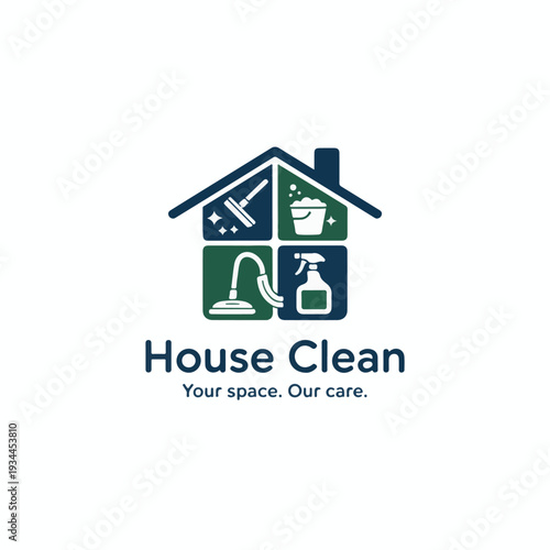Minimalist logo design for house cleaning service featuring home, cleaning tools, and professional care, viewed from the front.