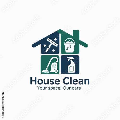 Minimalist house clean logo design featuring cleaning tools in a house shape, vector illustration