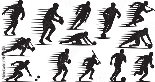 Silhouettes of athletes in various sports motions and actions