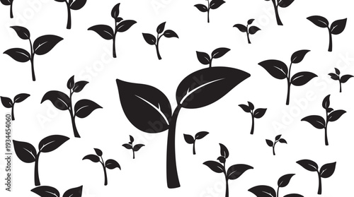 Black silhouettes of growing plants and seedlings pattern design