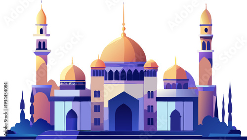 Panoramic mosque skyline, moonlight reflection, Eid celebration atmosphere