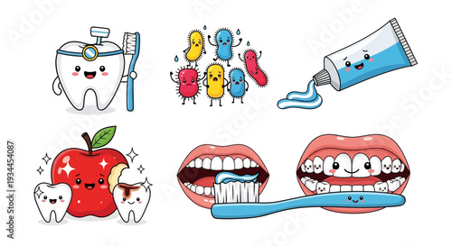 Cute cartoon illustrations for dental health and hygiene education