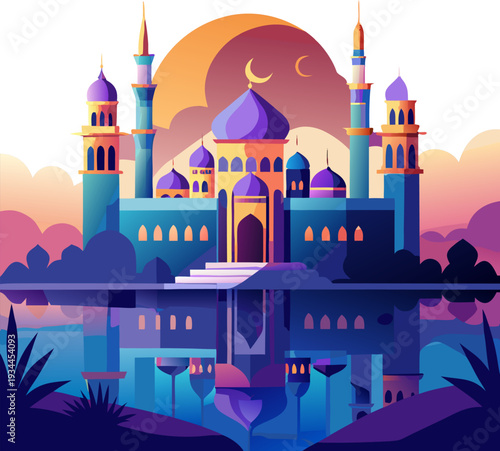 Panoramic mosque skyline, moonlight reflection, Eid celebration atmosphere