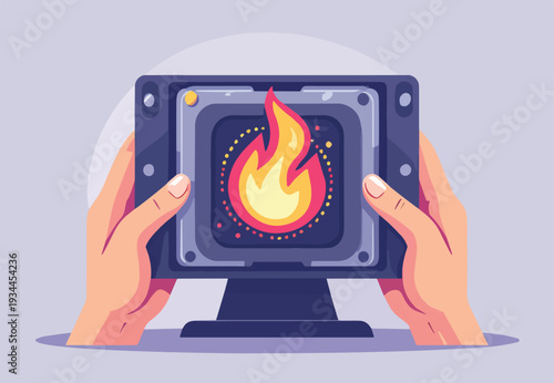 computer chip programma con mani monitor che rotto o da sistemare o rubare in fiamme , vettoriale 