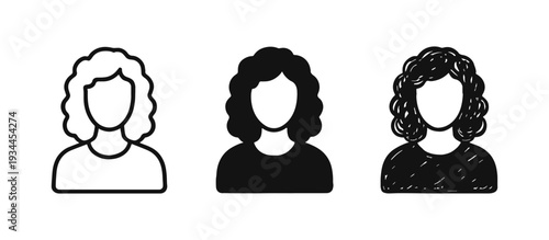 Woman with Curly Hair Avatar Icon Set: Outline, Solid, and Doodle Styles for User Profiles