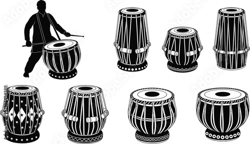 Collection of tabla drums and musician silhouette in black and white detailed vector illustration isolated background