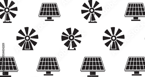 Renewable Energy Icons Solar Panels and Wind Turbines Pattern