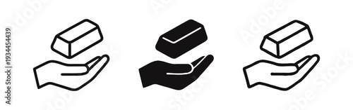 Hand holding a gold bar icon set. Financial investment, wealth, and precious metal concept.