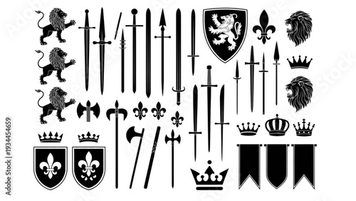 Medieval weapon and heraldic symbol silhouette collection with crossed swords shields lions and royal crowns