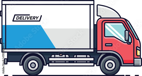 Red delivery truck with white cargo box transports goods reliably.