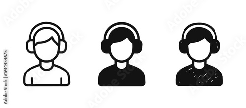 Person with headphones icon set. Audio, music, and listening concept for user profiles or support.