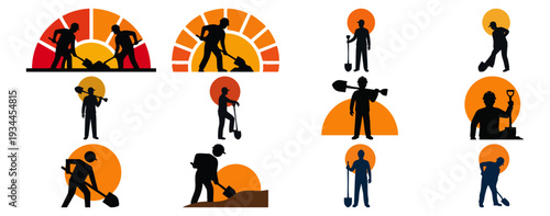  LABORER SILHOUETTE - Worker holding a shovel against a rising sun  Flat Vector Illustration on Transparent Background