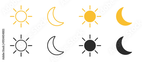 Sun and moon day night weather icon set in outline and filled style vector illustration isolated on transparent background