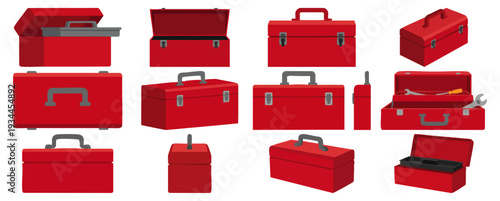 TOOLBOX - Classic red metal box with a sturdy top handle  Flat Vector Illustration on Transparent Background