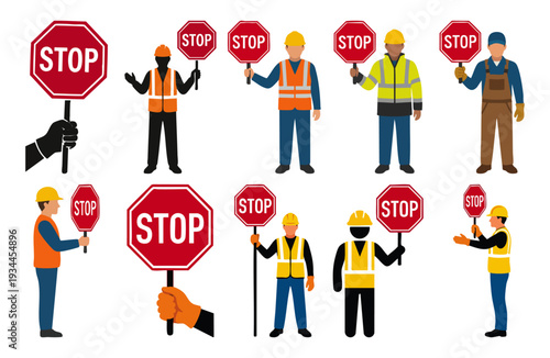 STOP SIGN - Octagonal red sign held by a construction flagger  Flat Vector Illustration on Transparent Background