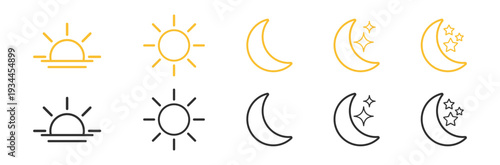 Sun and moon day night weather icon set with line and filled variations vector illustration isolated on transparent background