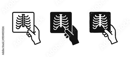 Hand holding X-ray image icon set. Rib cage and medical diagnosis for health screening.