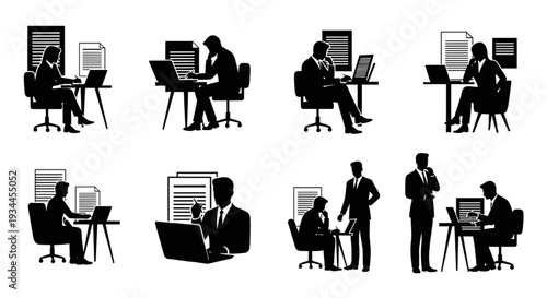 Modern office workers in various poses, illustrating corporate tasks and digital productivity