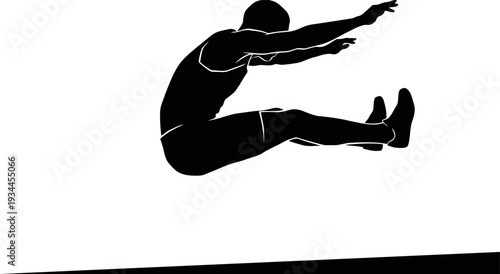 Long jump athlete action freeze silhouette, mid-air stretched position vector.