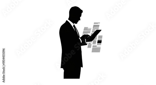 Businessman interacting with digital interface on a white background, emphasizing business and technology