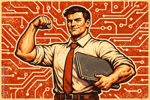 Strong programmer flexing muscle with laptop in retro poster style