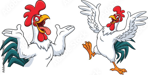Funny cartoon rooster characters in expressive poses, colorful farm animal vector illustration isolated on white background