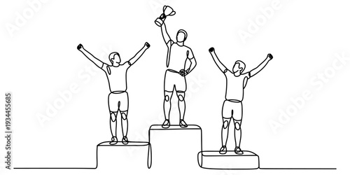 Continuous line drawing of athletes on winners podium celebrating