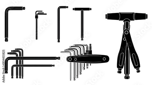 Allen Key Set Silhouette Collection, Hex Key Wrench Tools, Folding Set, T Handle, Vector Icon Pack
