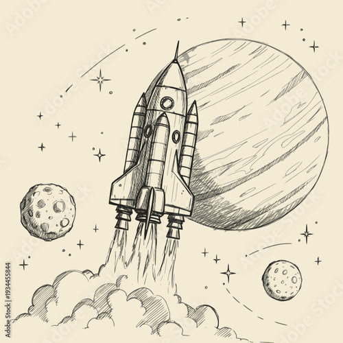 Space rocket launch from alien spaceport, science fiction poster. Vector illustration stylized as a pencil drawing. EPS version.