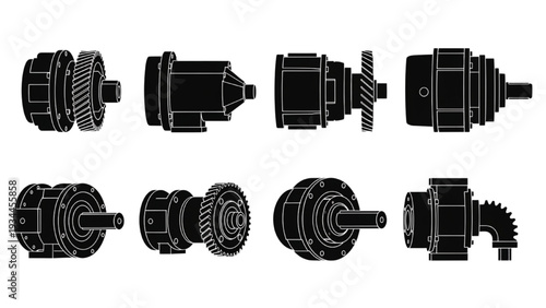 Industrial Gearbox Collection Silhouette, Mechanical Gear Reducers, Transmission Units Vector Icons