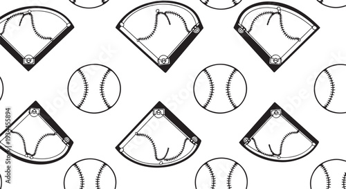 Baseball Seamless Pattern of Mitts and Baseballs on White